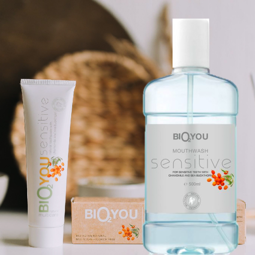 Naturalus skalavimo skystis jautriems dantims Natūrali dantų pasta ir natūralus dantų skalavimo skystis