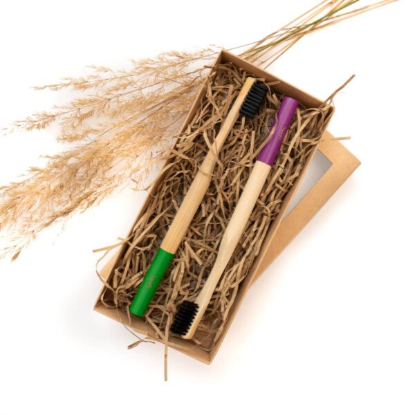Bambukinių dantų šepetėlių rinkinys Green and Purple, VEG4U